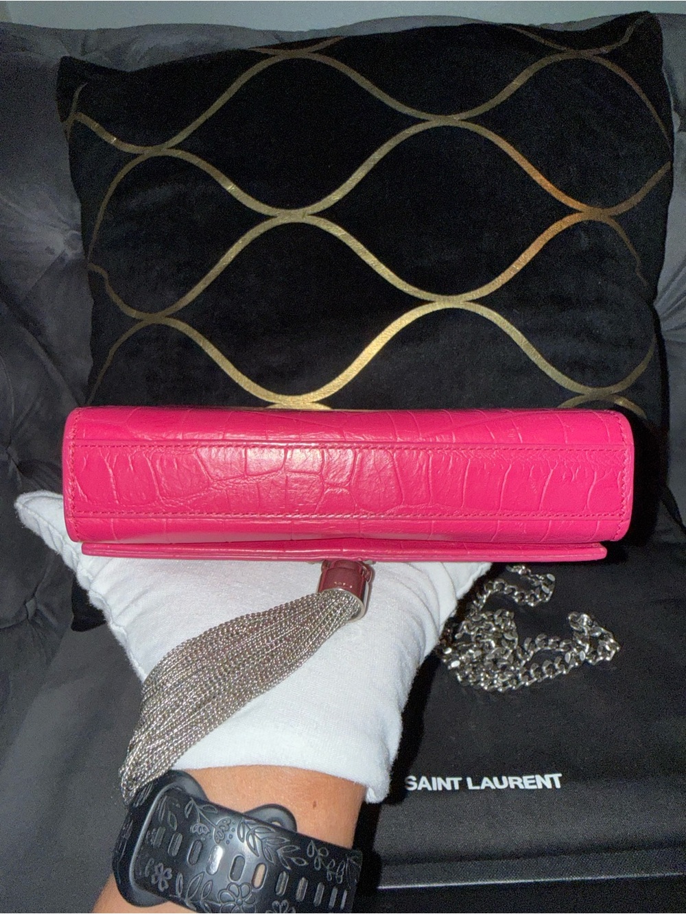 🔥Saint Laurent Fuchsia Croc-Embossed Kate Tassle Bag Small🔥 - Picture 9 of 17